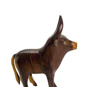 Vintage Hand Carved Wood Grain Brow Wooden Bull 2 Tone Brown 7.5 Inches